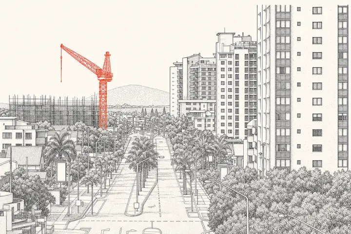 Ink line drawing of Maroochydore looking north, a construction crane picked out in red above a half-built frame.