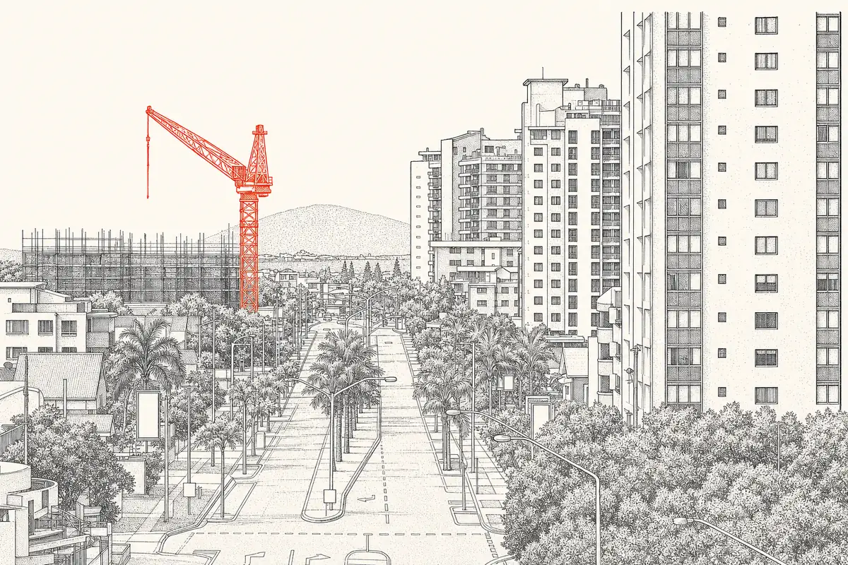 Ink line drawing of Maroochydore looking north along the boulevard: low-rise shopfronts and palms below a row of towers, with a single construction crane picked out in red above a half-built frame.