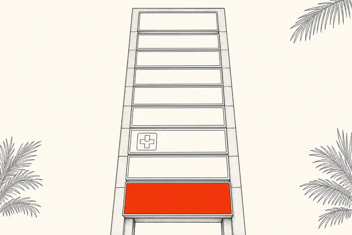 Ink line drawing of the Kawana Shoppingworld pylon sign, brand panels rendered as empty outlined rectangles, with the red EVENT panel picked out as the frame's single accent.