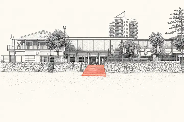 Ink line drawing of the Alexandra Headland surf club seen from the beach, its fascia sign drawn as an empty panel, with the beach access ramp through the seawall picked out in red as the frame's single accent.