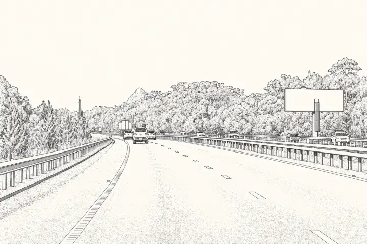 Ink line drawing of the Bruce Highway running through the Sunshine Coast's southern growth corridor, a blank roadside billboard standing above the eucalypt treeline, drawn in ink on cream with no colour accent.
